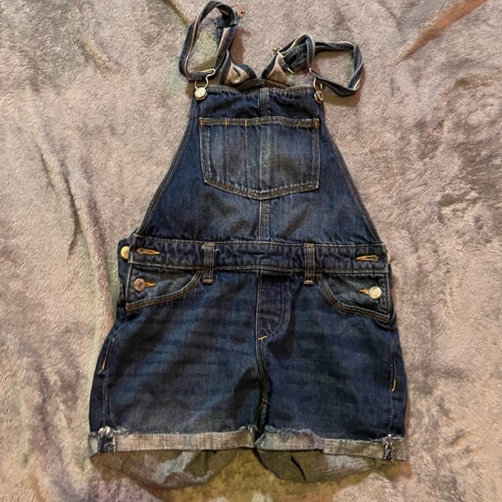 Old Navy Girls Denim Shortalls Overalls Size 10-12 Blue Distressed Cuffed Shorts